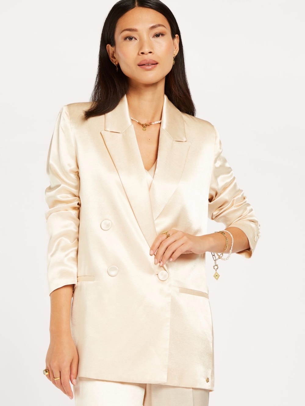 Satin Double-Breasted Blazer Jacket - Cream